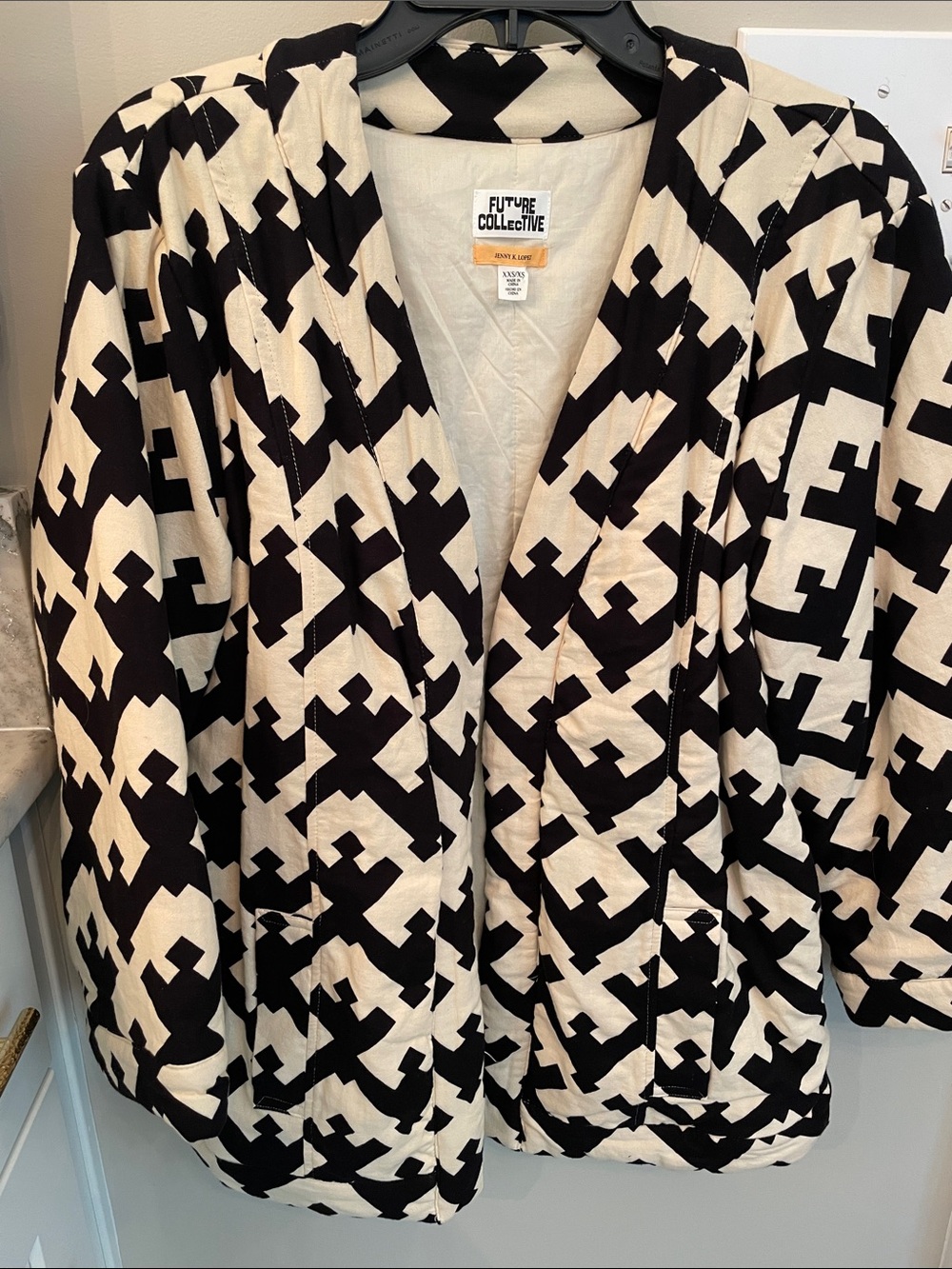 Future Collective Black & Cream Geometric Open-Front quilt jacket